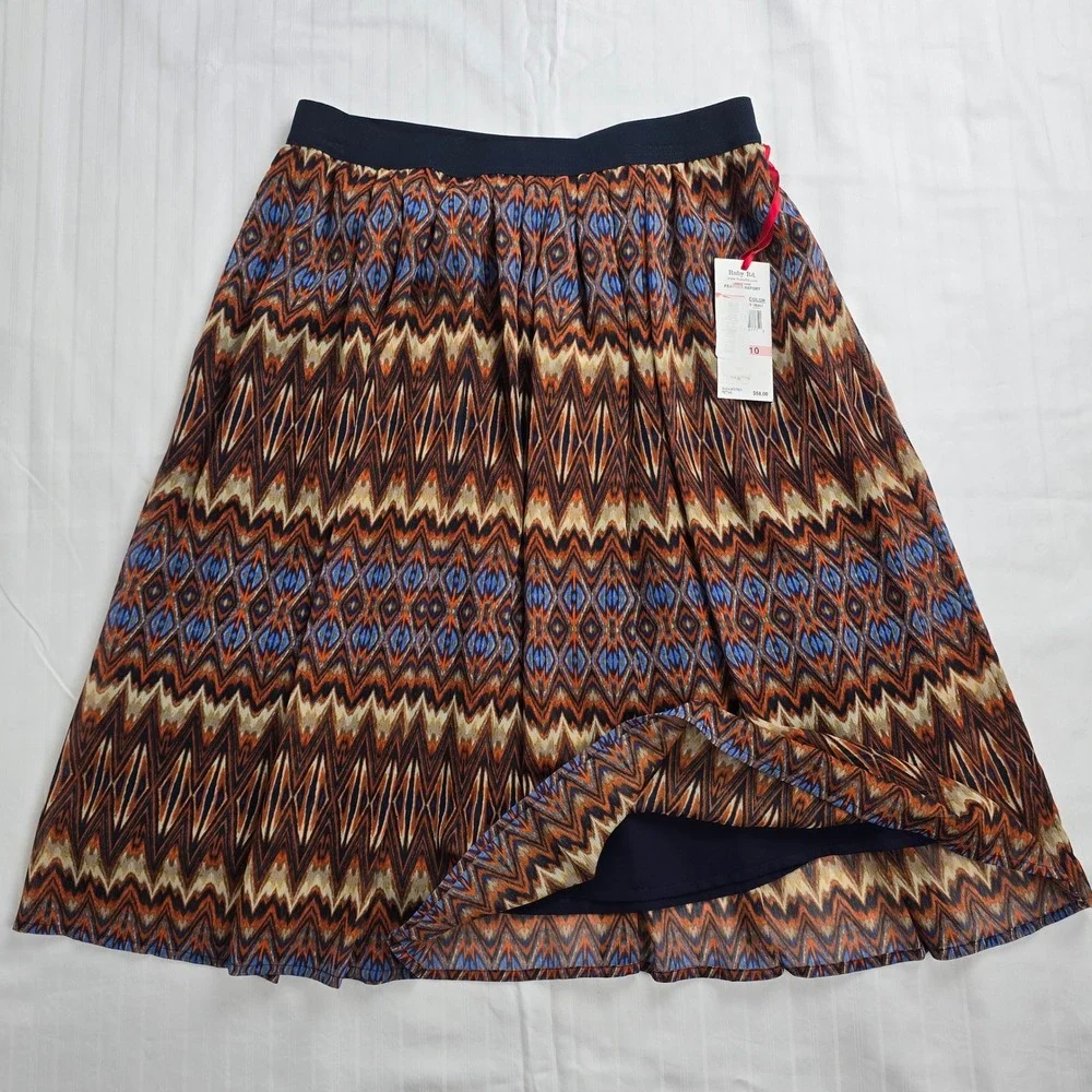 Ruby‎ Rd Feather Report Ikat Chevron Midi Skirt Navy Orange Camel Size 10 NWT
